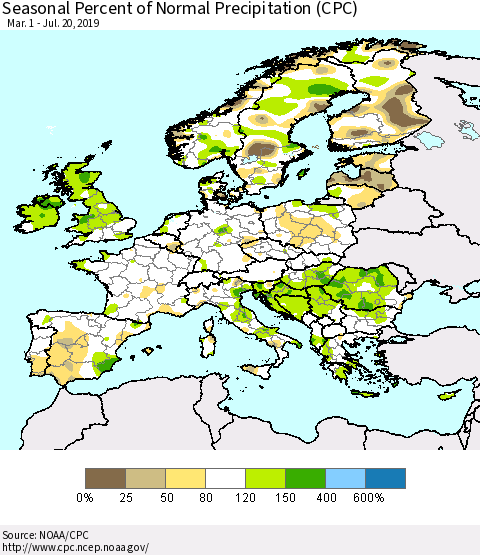 Europe Seasonal Percent of Normal Precipitation (CPC) Thematic Map For 3/1/2019 - 7/20/2019