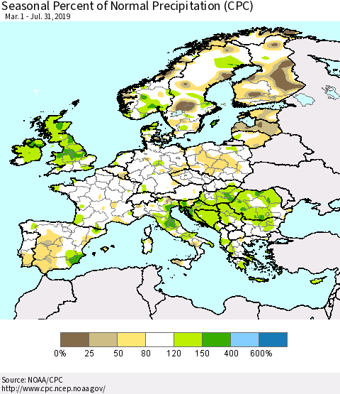 Europe Seasonal Percent of Normal Precipitation (CPC) Thematic Map For 3/1/2019 - 7/31/2019