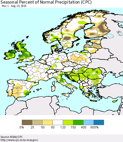 Europe Seasonal Percent of Normal Precipitation (CPC) Thematic Map For 3/1/2019 - 8/10/2019