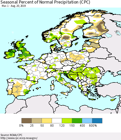 Europe Seasonal Percent of Normal Precipitation (CPC) Thematic Map For 3/1/2019 - 8/20/2019
