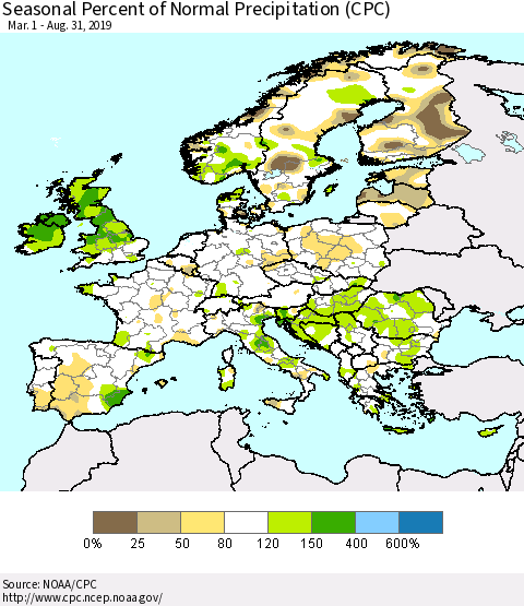 Europe Seasonal Percent of Normal Precipitation (CPC) Thematic Map For 3/1/2019 - 8/31/2019