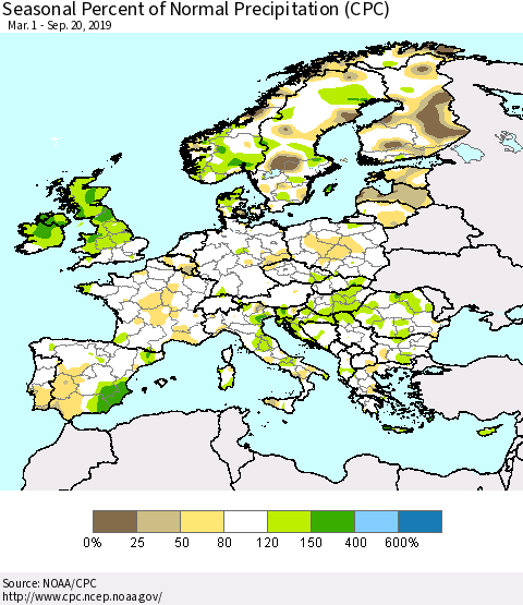 Europe Seasonal Percent of Normal Precipitation (CPC) Thematic Map For 3/1/2019 - 9/20/2019