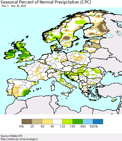 Europe Seasonal Percent of Normal Precipitation (CPC) Thematic Map For 3/1/2019 - 9/30/2019