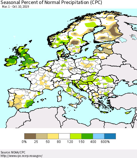Europe Seasonal Percent of Normal Precipitation (CPC) Thematic Map For 3/1/2019 - 10/10/2019