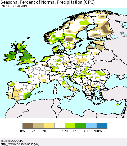 Europe Seasonal Percent of Normal Precipitation (CPC) Thematic Map For 3/1/2019 - 10/20/2019