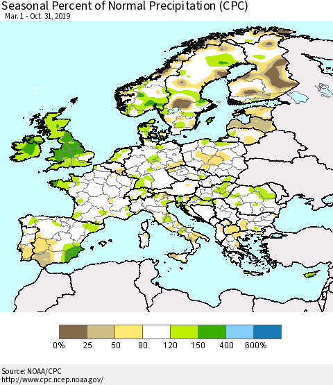 Europe Seasonal Percent of Normal Precipitation (CPC) Thematic Map For 3/1/2019 - 10/31/2019