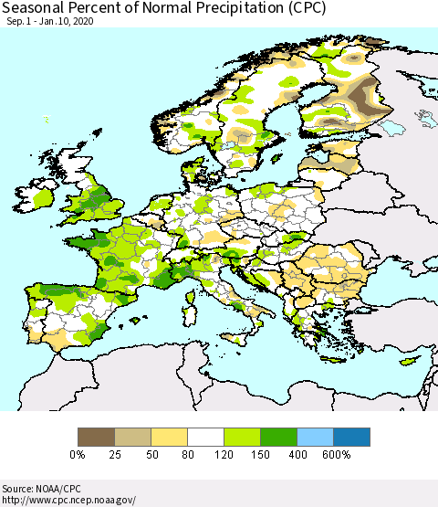 Europe Seasonal Percent of Normal Precipitation (CPC) Thematic Map For 9/1/2019 - 1/10/2020