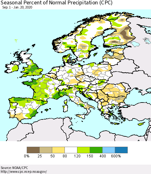 Europe Seasonal Percent of Normal Precipitation (CPC) Thematic Map For 9/1/2019 - 1/20/2020