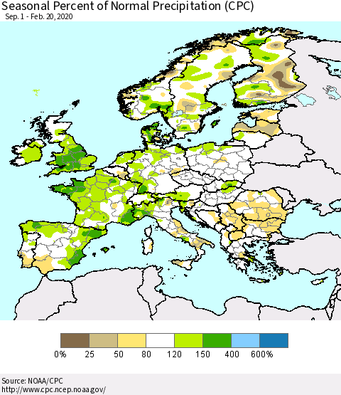 Europe Seasonal Percent of Normal Precipitation (CPC) Thematic Map For 9/1/2019 - 2/20/2020