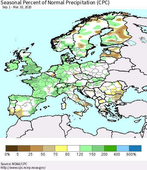 Europe Seasonal Percent of Normal Precipitation (CPC) Thematic Map For 9/1/2019 - 3/10/2020