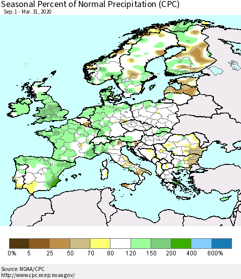 Europe Seasonal Percent of Normal Precipitation (CPC) Thematic Map For 9/1/2019 - 3/31/2020