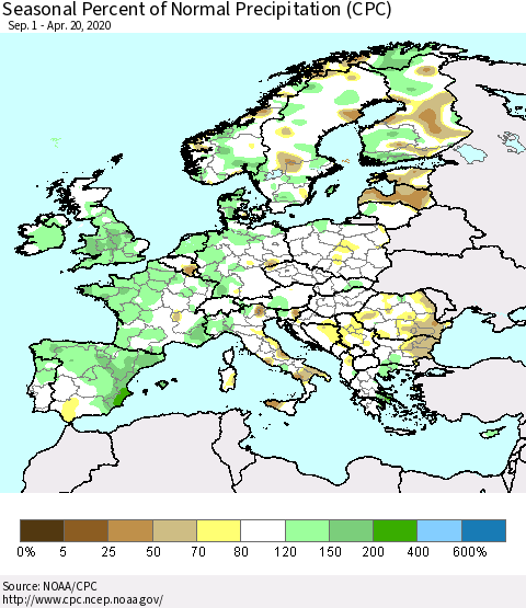 Europe Seasonal Percent of Normal Precipitation (CPC) Thematic Map For 9/1/2019 - 4/20/2020