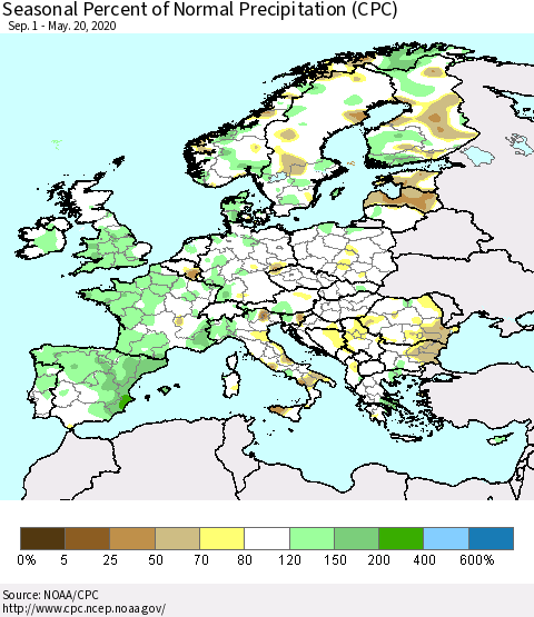 Europe Seasonal Percent of Normal Precipitation (CPC) Thematic Map For 9/1/2019 - 5/20/2020