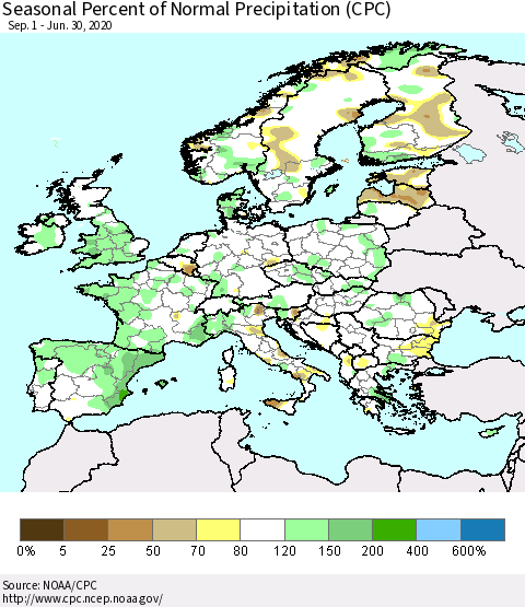 Europe Seasonal Percent of Normal Precipitation (CPC) Thematic Map For 9/1/2019 - 6/30/2020