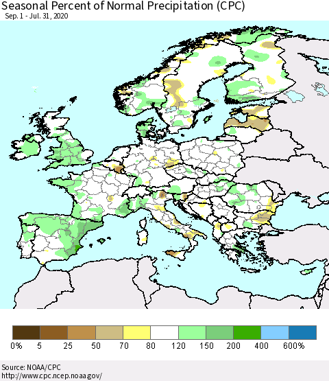 Europe Seasonal Percent of Normal Precipitation (CPC) Thematic Map For 9/1/2019 - 7/31/2020