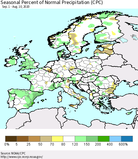 Europe Seasonal Percent of Normal Precipitation (CPC) Thematic Map For 9/1/2019 - 8/10/2020