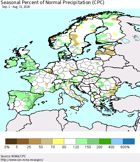 Europe Seasonal Percent of Normal Precipitation (CPC) Thematic Map For 9/1/2019 - 8/31/2020