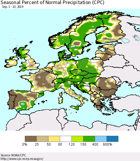 Europe Seasonal Percent of Normal Precipitation (CPC) Thematic Map For 9/1/2019 - 9/10/2019