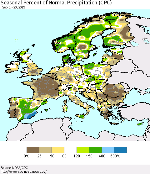 Europe Seasonal Percent of Normal Precipitation (CPC) Thematic Map For 9/1/2019 - 9/20/2019