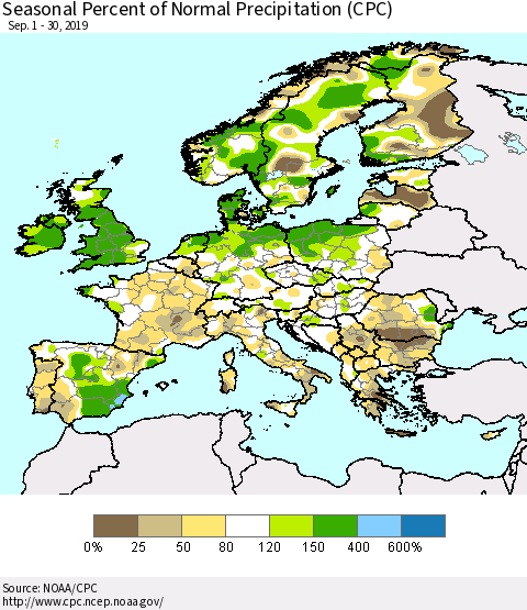 Europe Seasonal Percent of Normal Precipitation (CPC) Thematic Map For 9/1/2019 - 9/30/2019