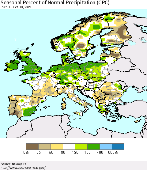 Europe Seasonal Percent of Normal Precipitation (CPC) Thematic Map For 9/1/2019 - 10/10/2019