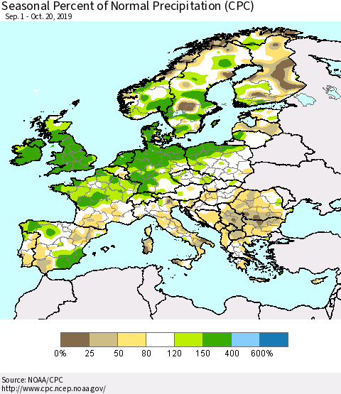 Europe Seasonal Percent of Normal Precipitation (CPC) Thematic Map For 9/1/2019 - 10/20/2019