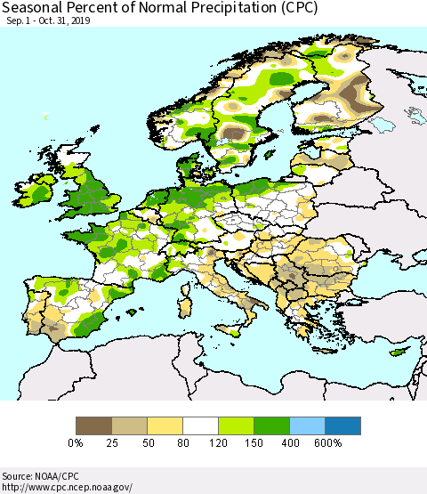 Europe Seasonal Percent of Normal Precipitation (CPC) Thematic Map For 9/1/2019 - 10/31/2019