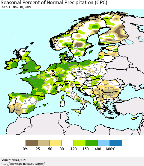 Europe Seasonal Percent of Normal Precipitation (CPC) Thematic Map For 9/1/2019 - 11/10/2019