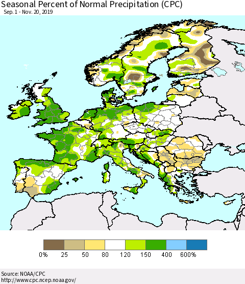 Europe Seasonal Percent of Normal Precipitation (CPC) Thematic Map For 9/1/2019 - 11/20/2019