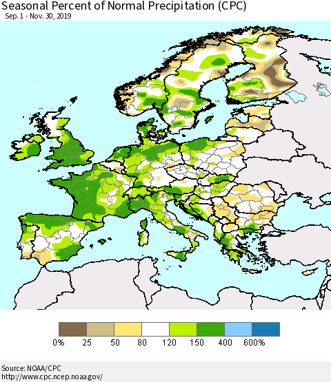 Europe Seasonal Percent of Normal Precipitation (CPC) Thematic Map For 9/1/2019 - 11/30/2019