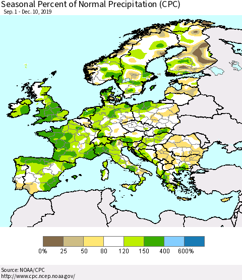 Europe Seasonal Percent of Normal Precipitation (CPC) Thematic Map For 9/1/2019 - 12/10/2019