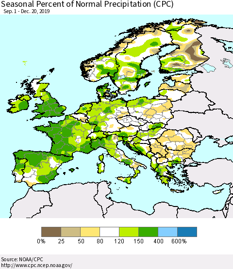 Europe Seasonal Percent of Normal Precipitation (CPC) Thematic Map For 9/1/2019 - 12/20/2019