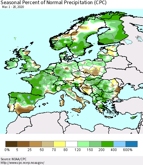 Europe Seasonal Percent of Normal Precipitation (CPC) Thematic Map For 3/1/2020 - 3/20/2020