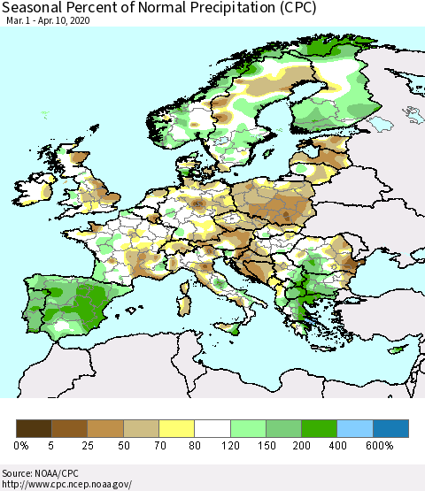 Europe Seasonal Percent of Normal Precipitation (CPC) Thematic Map For 3/1/2020 - 4/10/2020