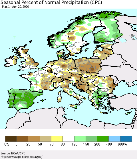 Europe Seasonal Percent of Normal Precipitation (CPC) Thematic Map For 3/1/2020 - 4/20/2020