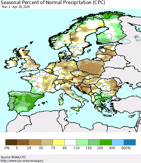 Europe Seasonal Percent of Normal Precipitation (CPC) Thematic Map For 3/1/2020 - 4/30/2020