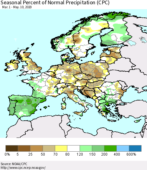 Europe Seasonal Percent of Normal Precipitation (CPC) Thematic Map For 3/1/2020 - 5/10/2020