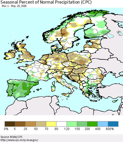 Europe Seasonal Percent of Normal Precipitation (CPC) Thematic Map For 3/1/2020 - 5/20/2020
