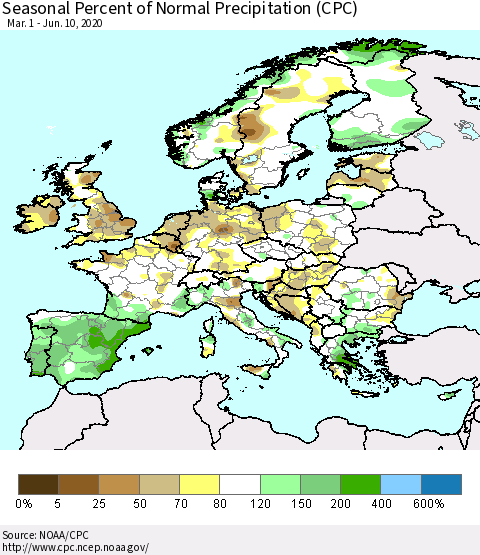 Europe Seasonal Percent of Normal Precipitation (CPC) Thematic Map For 3/1/2020 - 6/10/2020
