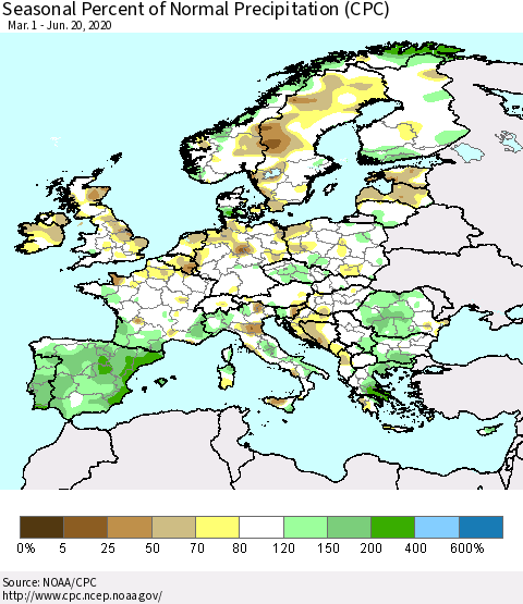 Europe Seasonal Percent of Normal Precipitation (CPC) Thematic Map For 3/1/2020 - 6/20/2020