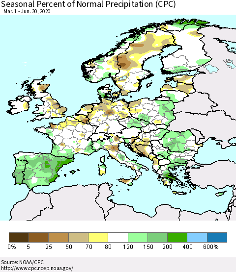 Europe Seasonal Percent of Normal Precipitation (CPC) Thematic Map For 3/1/2020 - 6/30/2020