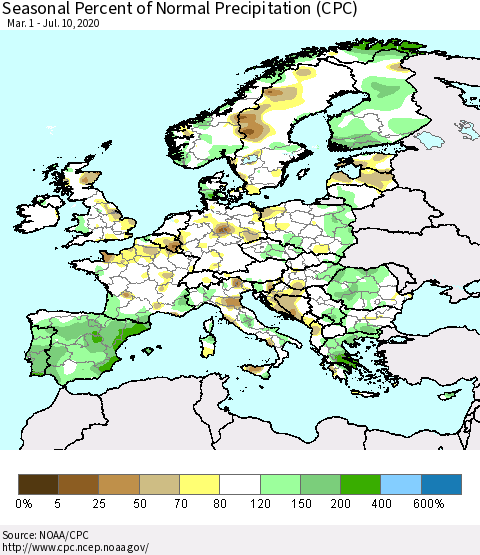 Europe Seasonal Percent of Normal Precipitation (CPC) Thematic Map For 3/1/2020 - 7/10/2020
