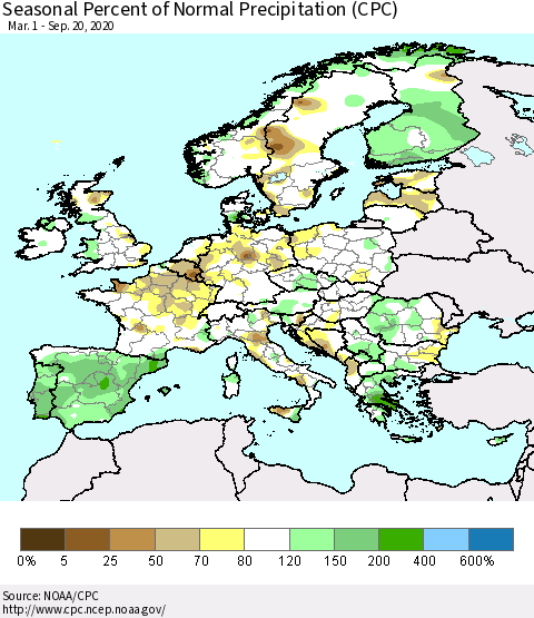 Europe Seasonal Percent of Normal Precipitation (CPC) Thematic Map For 3/1/2020 - 9/20/2020