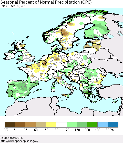 Europe Seasonal Percent of Normal Precipitation (CPC) Thematic Map For 3/1/2020 - 9/30/2020