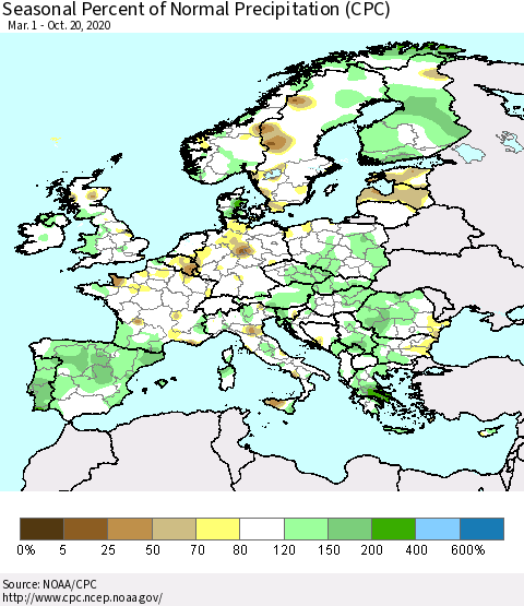 Europe Seasonal Percent of Normal Precipitation (CPC) Thematic Map For 3/1/2020 - 10/20/2020