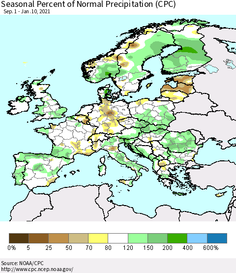 Europe Seasonal Percent of Normal Precipitation (CPC) Thematic Map For 9/1/2020 - 1/10/2021