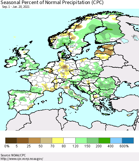 Europe Seasonal Percent of Normal Precipitation (CPC) Thematic Map For 9/1/2020 - 1/20/2021