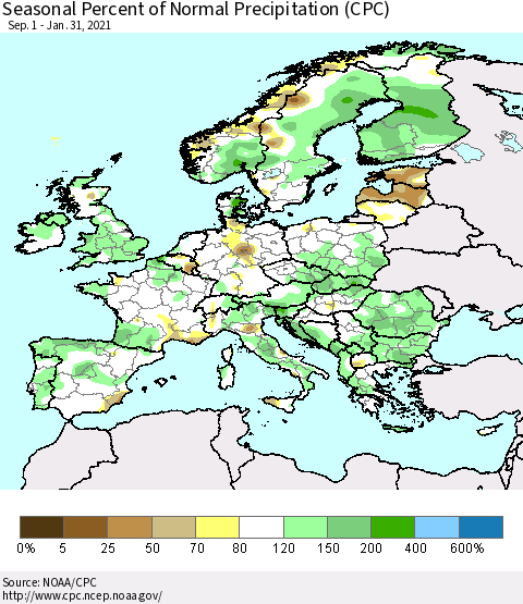 Europe Seasonal Percent of Normal Precipitation (CPC) Thematic Map For 9/1/2020 - 1/31/2021