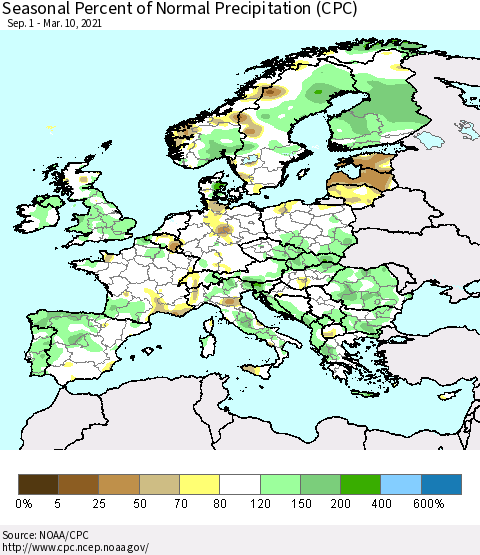 Europe Seasonal Percent of Normal Precipitation (CPC) Thematic Map For 9/1/2020 - 3/10/2021