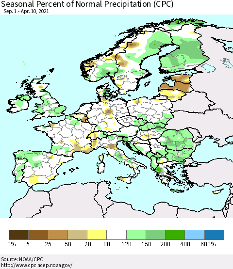 Europe Seasonal Percent of Normal Precipitation (CPC) Thematic Map For 9/1/2020 - 4/10/2021